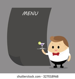 Vector of Waiter with cocktail glasses and Menu with space for text 