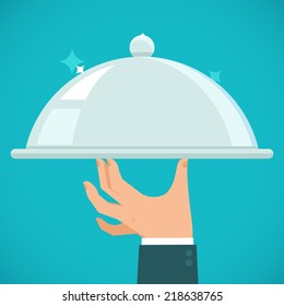 Vector waiter hand holding silver plate - concept in flat style