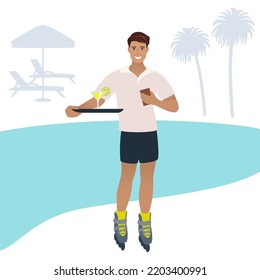 Vector waiter on roller skates holding tray with cocktail, illustration of waiter on background with palm trees, pool and sunbeds