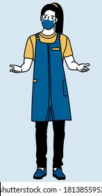 Vector of Waiter woman in apron standing and ware the face mask during corona-virus pandemic. COVID-19. 