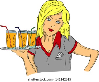 vector -  waitress holding a plate with three drinks,isolated white background