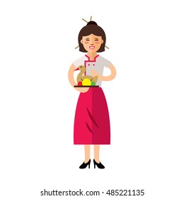 Vector Waitress with Peking Duck. Flat style colorful Cartoon illustration.