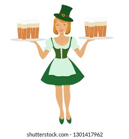 Vector of waitress wearing in Leprechaun suit with beer.Cartoon character for St. Patrick`s day design.