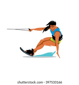 Vector Wakeboarding Girl Cartoon Illustration. Woman on the board glides over the waves. Branding Identity Corporate unusual Logo isolated on a white background