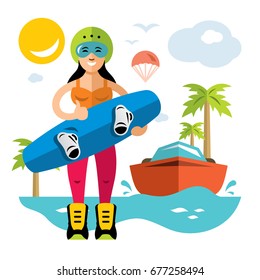 Vector Wakeboarding Woman. Flat style colorful Cartoon illustration.