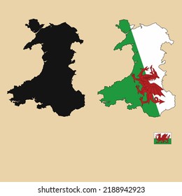 Vector of Wales country outline map with flag set isolated on plain background. Silhouette of country map can be used for template, report, and infographic.
