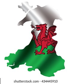 Vector Wales flag blowing in the wind in Wales map shape. Background texture.