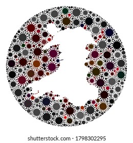Vector Wales map collage of covid-2019 virus. Infection attacks the lockdown territory from out space. Hole circle Wales map collage designed with infection elements.