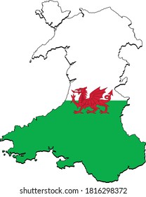 Vector of Wales map embedded with Welsh flag.