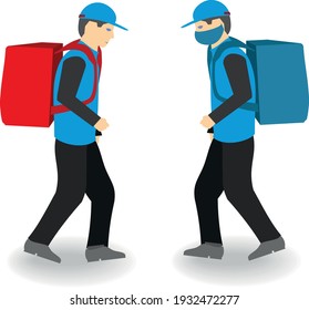 vector walking courier with a backpack and a medical mask