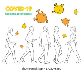 Vector walking man and woman sketches. Fun illustrations for coronavirus social distance.