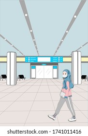 Vector of walking Muslim girl wear mask at the airport.
