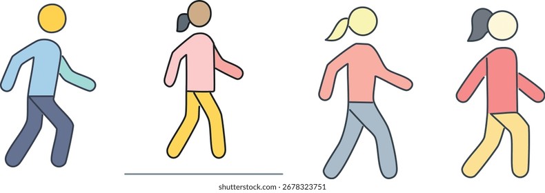 Vector Walking People Flat Icons with Outline