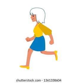 Vector walking or running blonde flat woman in casual outfit, blue skirt and yellow blouse. Cute female character pedestrian or walker. Isolated illustration