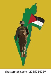 A vector of walking soldier  with Palestinian flag and Palestine Map. Free Palestine concept.