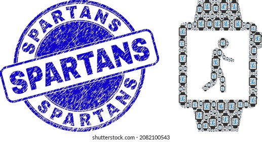 Vector walking tracker watches icon collage is composed from random self walking tracker watches parts. Spartans unclean blue round stamp. Recursive composition from walking tracker watches icon.