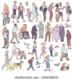 Vector walking urban crowd on street in city. Woman with kids people with dogs pigeons bicyclist and other characters line art. Children and adults in various situations.