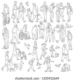 Vector Walking Urban Crowd On Street In City. Children And Adults In Various Situations. Woman With Kids People With Dogs Pigeons Bicyclist And Other Characters Black White Line Art.