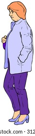 Vector of walking woman in a violet suit,  hand drawn style.