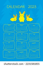 Vector wall annual calendar 2023 with rabbits and pine trees, yellow and blue colours. Editable page for A2, A3, A4 ,A5 size.