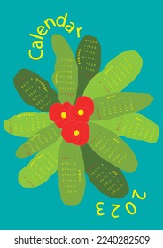 Vector wall annual calendar 2023 with read cactus flowers, green leaves, blue green background. Editable portrait page for A2, A3, A4, A5 size.