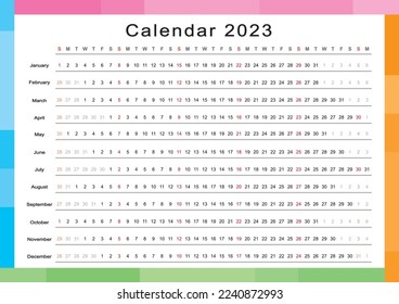 Vector wall annual calendar 2023. 
Editable horizontal page for A2, A3, A4 size. 