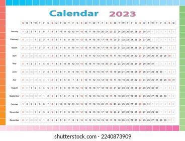 Vector wall annual calendar 2023. 
Editable horizontal page for A2, A3, A4 size. 