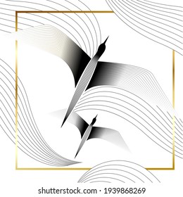 Vector wall art with flying birds. Graphic line art with gold frame. Abstract bird art design for wallpaper, cover, card, print.