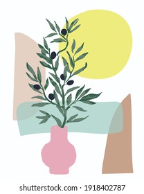 Vector Wall Art Mid Century Modern Style With Ceramic Vase And Olive Tree Branch, Mediterranean Vibe, Matisse Style