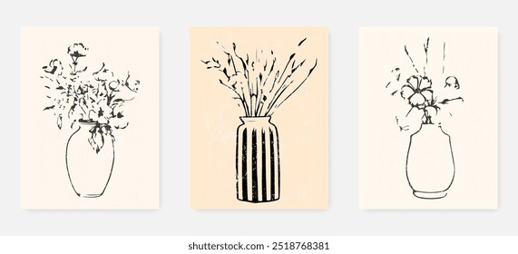 Vector Wall Art Posters Set of Flowers in Pot Black Sketch Line Art Drawing. Flowers Prints Linear Illustration. Minimalist Botanical Wall Art Boho Set