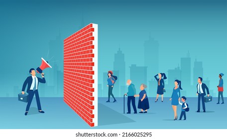 Vector of a wall between a politician businessman making a promise and a group of diverse people 