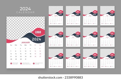 Vector wall calendar 2024, Wall calendar 2024, Company Calendar template, Week start Sunday, Wall calendar in a minimalist style
