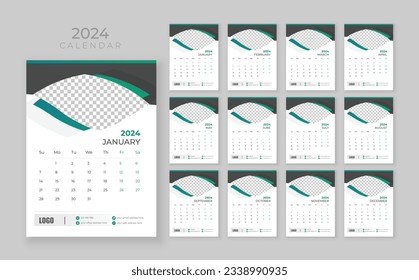 Vector wall calendar 2024, Wall calendar 2024, Corporate and business planner template in English, Week start Sunday, Wall calendar in a minimalist style
