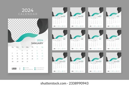 Calendario de pared de vectores 2024, calendario de pared 2024, plantilla de planificación empresarial y empresarial en inglés, Semana de inicio Domingo, Calendario de pared en un estilo minimalista