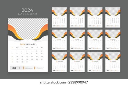 Vector wall calendar 2024, Wall calendar 2024, Corporate and business planner template in English, Week start Sunday, Wall calendar in a minimalist style