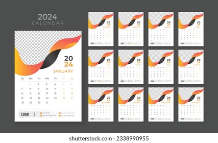 Vector wall calendar 2024, Wall calendar 2024, Corporate and business planner template in English, Week start Sunday, Wall calendar in a minimalist style