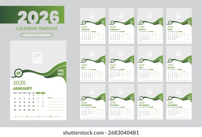 Vektor Wandkalender 2026 Design, Vektorgrafik, Kalendervorlage Layout