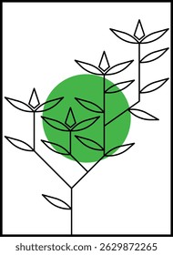 vector wall decoration design with plants and green circles theme with line art style on white background
