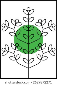 Diseño de la decoración de la pared del Vector con las plantas y los círculos verdes tema con estilo del arte de la línea en el fondo blanco