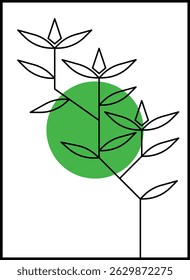vector wall decoration design with plants and green circles theme with line art style on white background