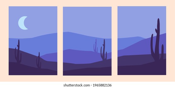 vector wall decoration set. desert view at night, cactus, monochrome poster, interior poster, living room decoration. design background and banner