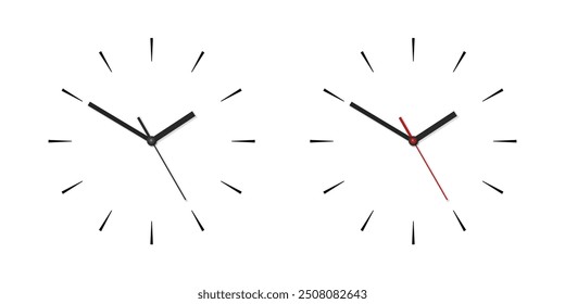 Vector Wall Office Clock Face Set. Black and White Dial, Clock Hands Closeup Isolated. Design Template. Simple Minimalistic Wall Clocks in Front View