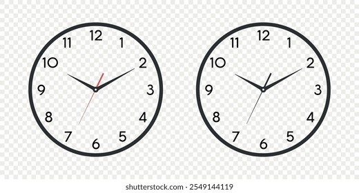 Vector Wall Office Clock Face Set. White and Black Dial and Clock Hands Closeup Isolated. Design Template. Simple Minimalistic Wall Clocks in Front View