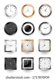 Vector wall watches with hour and minute arrows for business office on white background.