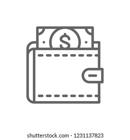 Vector wallet with dollars, save money, invest line icon. Symbol and sign illustration design. Isolated on white background