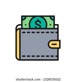 Vector wallet with dollars, save money, invest flat color line icon.