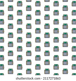 Vector wallet with dollars, save money, invest pattern with various icons.