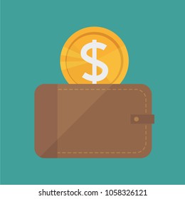 Vector Wallet and Gold Coins Icon - Flat design style. Modern, minimalist, icon in stylish colors. Web site page and mobile app design vector element