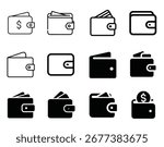 Vector wallet icon pack, minimalist financial icons, digital wallet, money management, payment icons, banking symbols, e-wallet, finance and commerce vector illustrations
