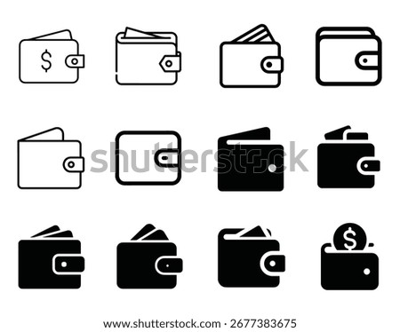 Vector wallet icon pack, minimalist financial icons, digital wallet, money management, payment icons, banking symbols, e-wallet, finance and commerce vector illustrations